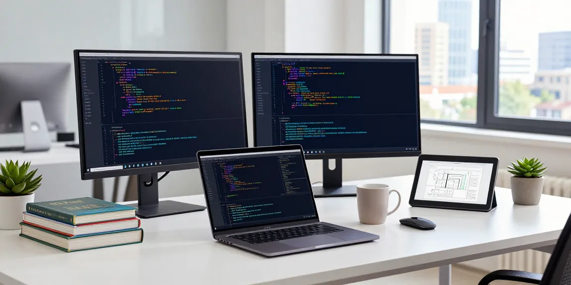 Professional coder working at a modern desk with dual monitors and colorful code; https://notepad-app.co/.