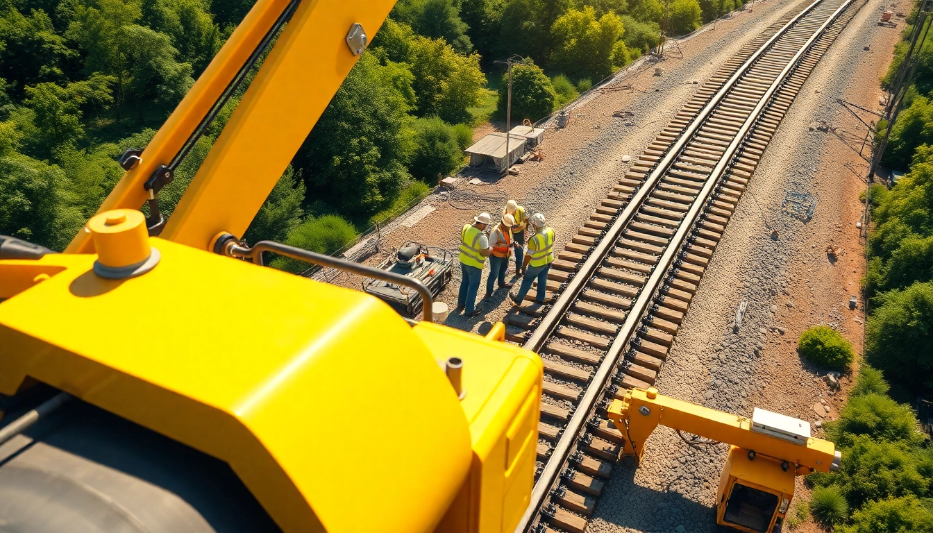 Railroad Construction team collaborating on-site with construction equipment and lively surroundings.