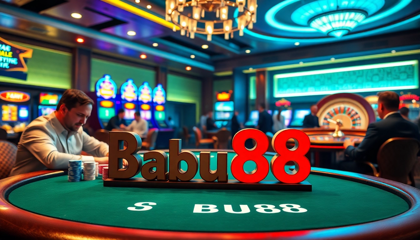 Babu88 poker table scene showcasing thrilling gameplay and vibrant slot machines.