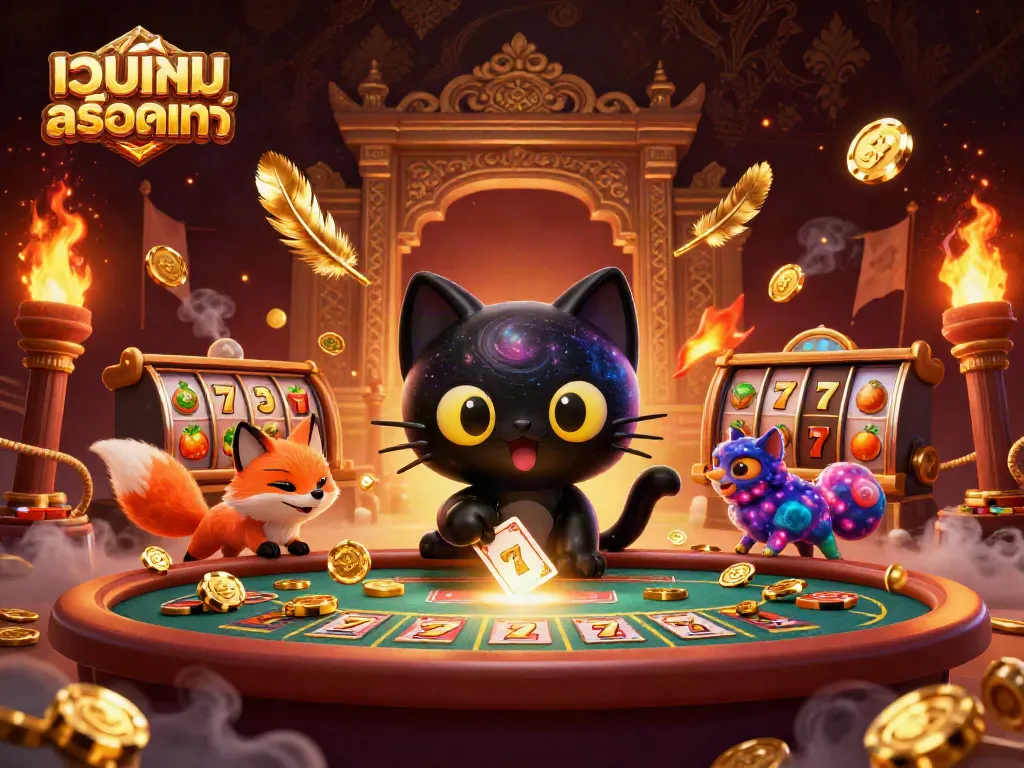 This vibrant scene showcases a 3D cat and fox in a cosmic casino, engaging players at เว็บเกมสล็อตแท้ for exciting jackpots.