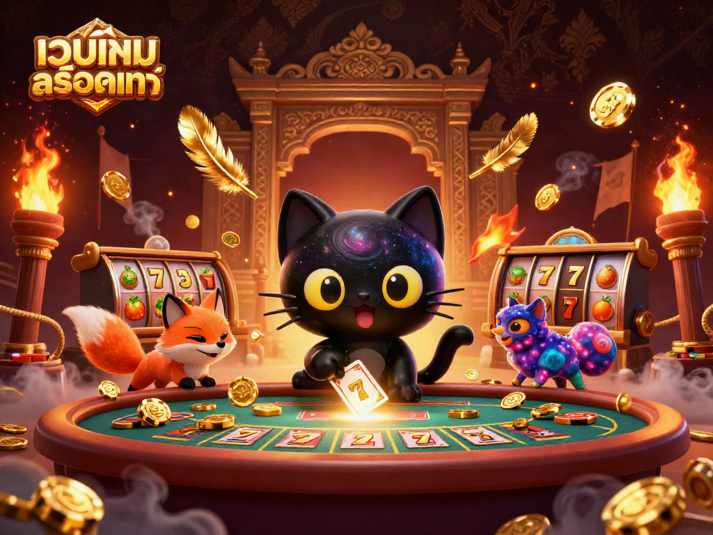 This vibrant scene showcases a 3D cat and fox in a cosmic casino, engaging players at เว็บเกมสล็อตแท้ for exciting jackpots.