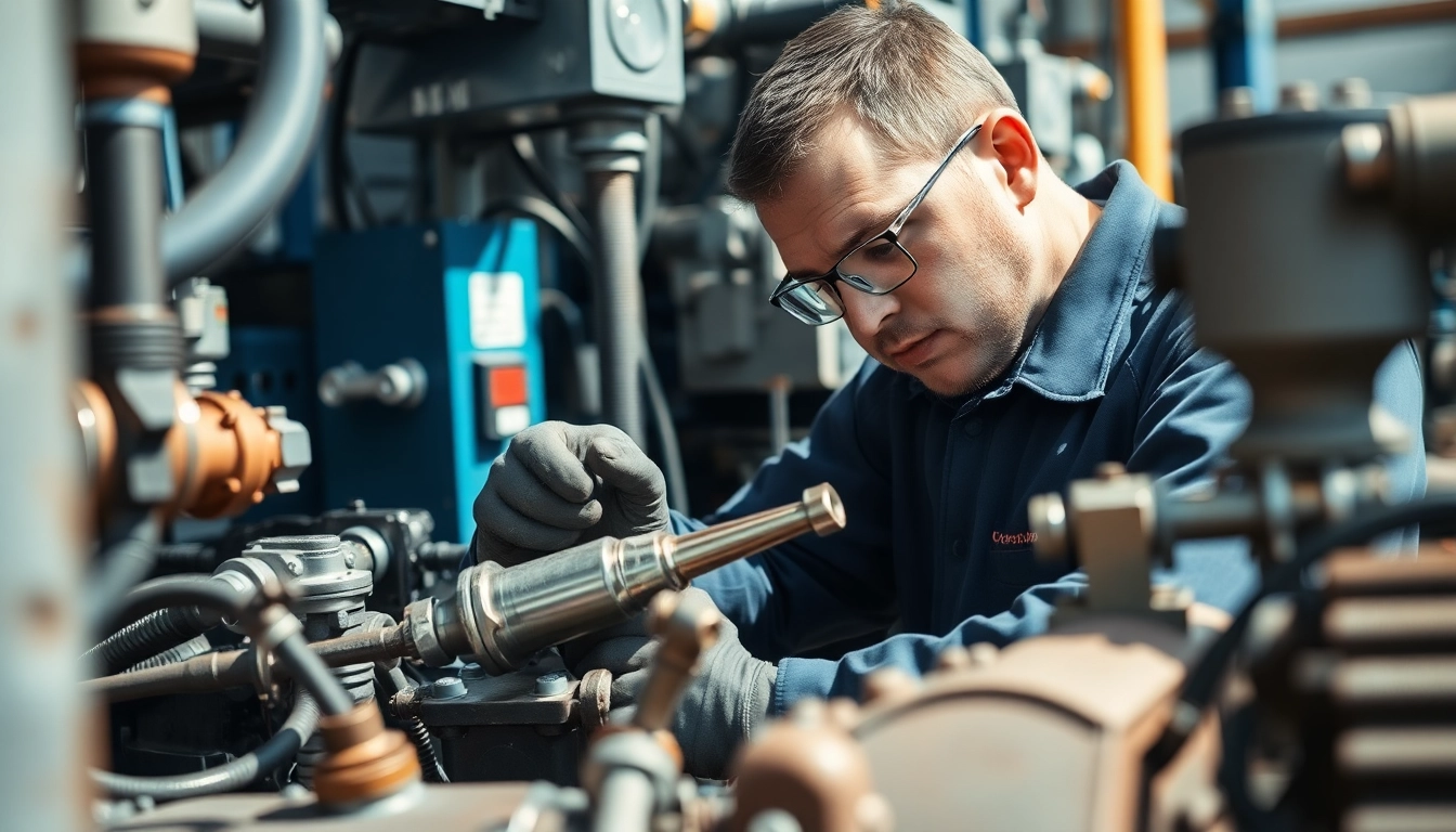 Repair technician performing hydraulic hose repair amidst industrial equipment.