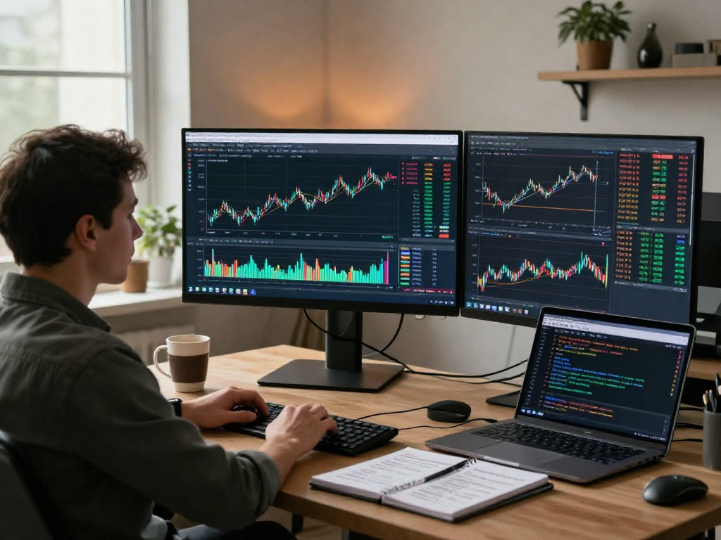 使用MetaTrader 5进行金融交易分析的专业交易员在现代办公室中集中精力，显示丰富的市场数据和图表。