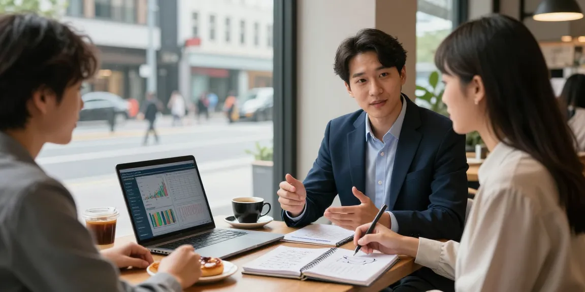Financial advisor discussing 소액결제현금화 strategies with client in a modern coffee shop.
