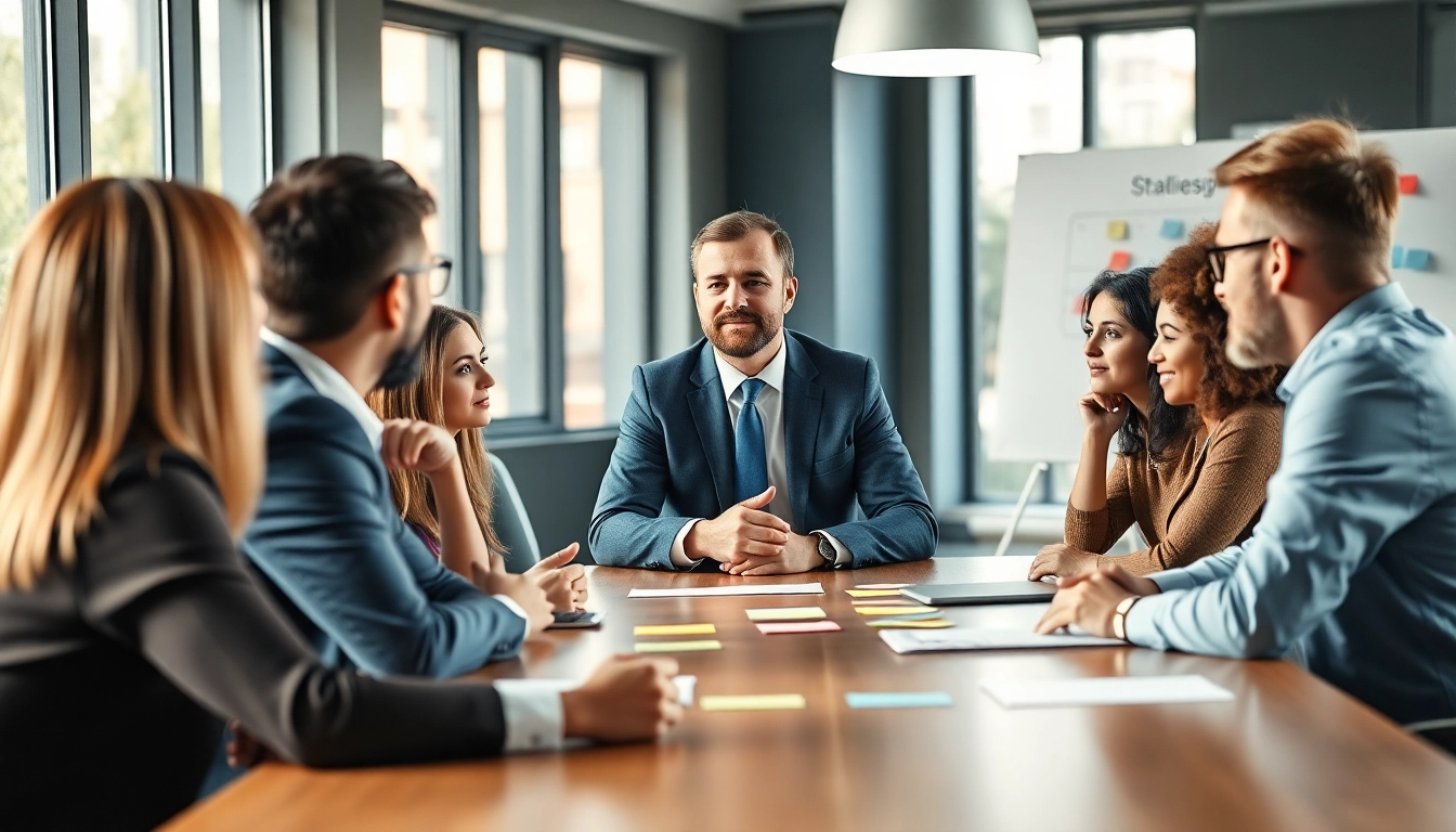 Showcasing founder leadership insights, a business leader collaborates with a diverse team in a modern office.