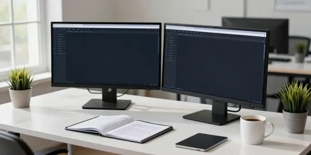 AI writing tools for website owners in a modern workspace setting with dual screens and natural light.