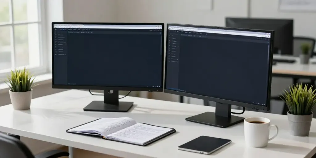 AI writing tools for website owners in a modern workspace setting with dual screens and natural light.