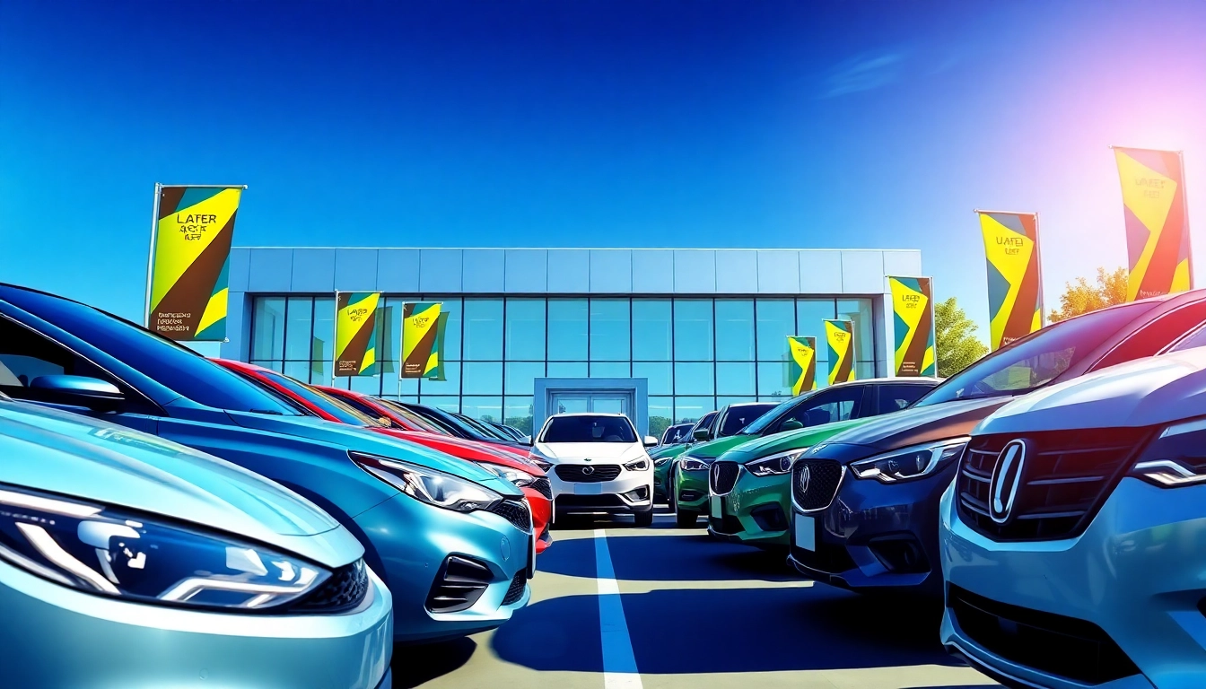 Buy a car from a vibrant dealership showcasing a variety of models in a bright environment.