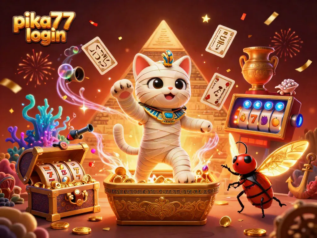 Play and win at pika77 login with a vibrant casino scene featuring a mummy cat and slot reels.