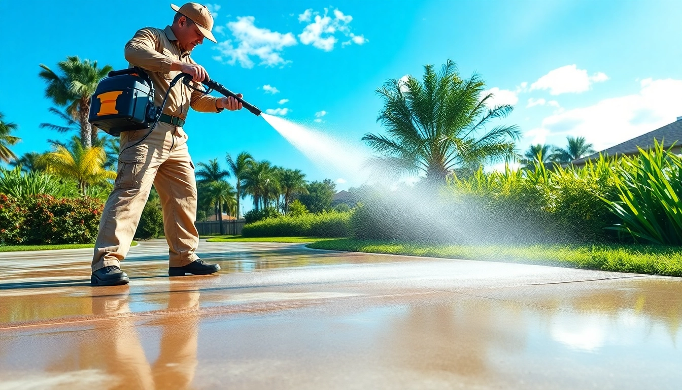 Expert pressure washing for concrete cleaning showcasing transformation in Kissimmee, FL.