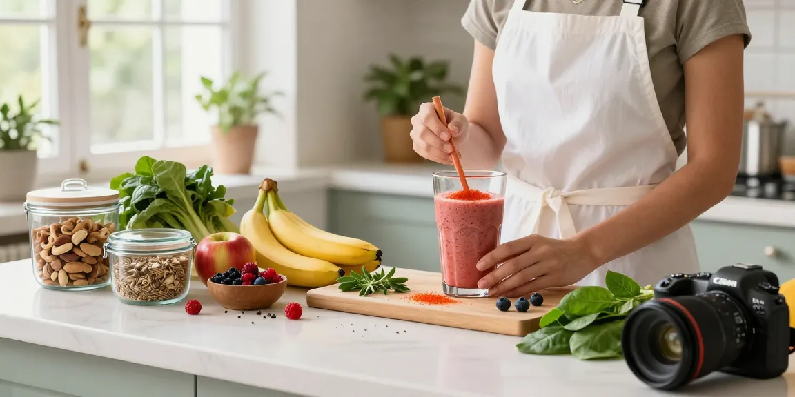 Preparing a vegan astaxanthin supplement smoothie in a bright kitchen filled with fresh ingredients.