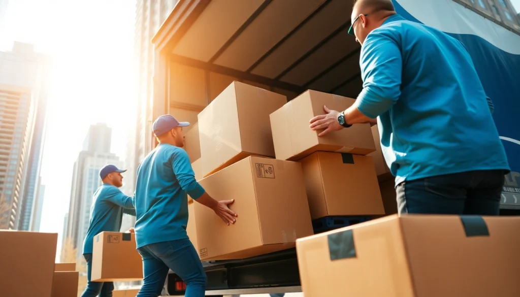 Efficient movers providing Toronto moving services, showcasing teamwork in a modern urban environment.
