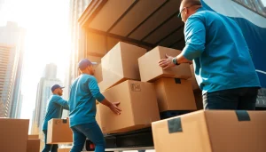 Efficient movers providing Toronto moving services, showcasing teamwork in a modern urban environment.