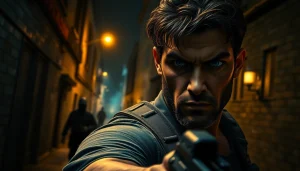 Character confidently faces urban danger in a Better than Reacher action scene.