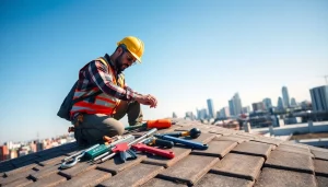 Showcasing professional roofing services, a contractor diligently repairs a slate roof under a bright blue sky.