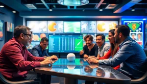 Engaging group discussing best sportsbooks in Mexico around a digital betting platform.