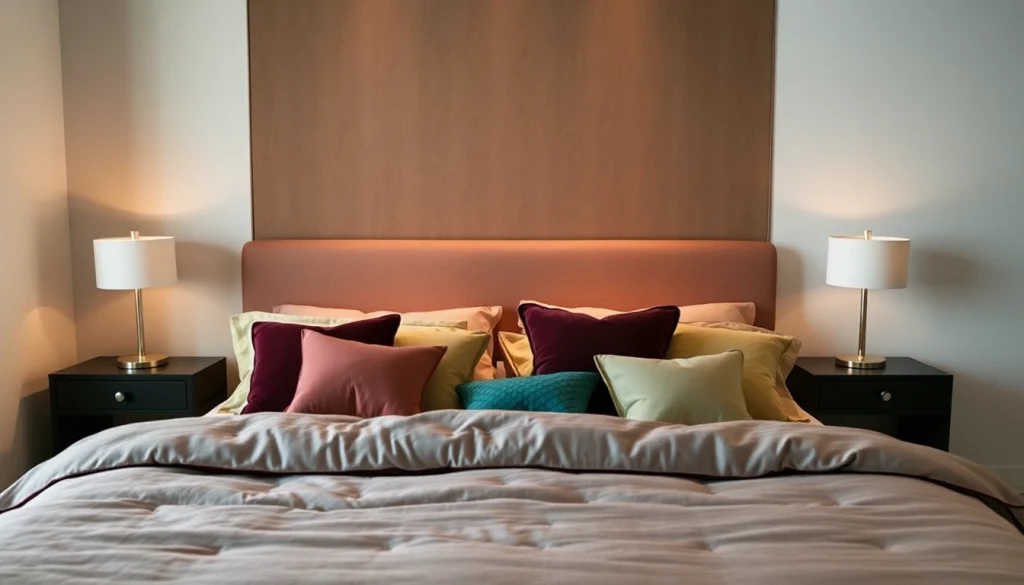 Cuscini per letto in varie forme e colori su un letto elegante, per migliorare il comfort del sonno.