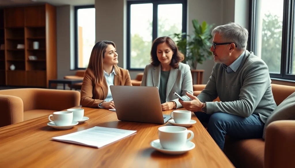 Engaged couple discussing estate planning San Antonio with a financial advisor in a modern office.