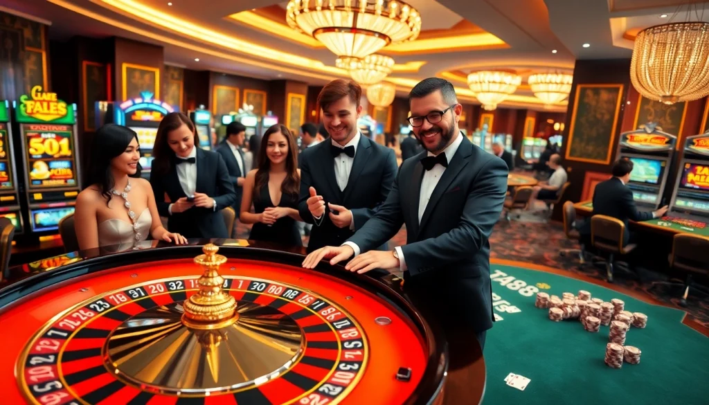 Experience the excitement of online gaming at ta88 com with a vibrant casino scene featuring happy players and roulette tables.