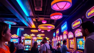 Experience the thrilling world of slot hoki with vibrant gaming machines and excited players.
