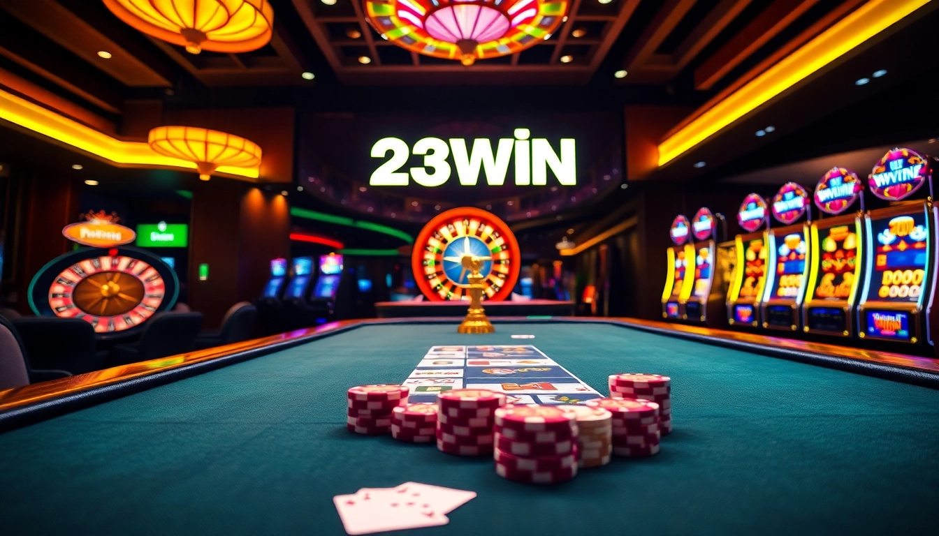 Engaging scene of online gambling at trang chủ 23win featuring vibrant casino elements like poker chips and roulette.