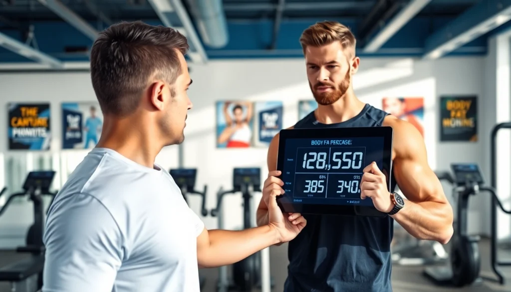 Calculate body fat percentage calculator with a fitness coach in a modern gym setting.