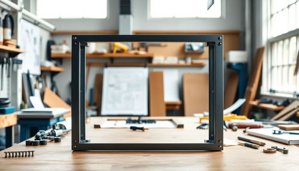 Showcase the pf940v2 frame only detailed in a workshop with tools and blueprints.