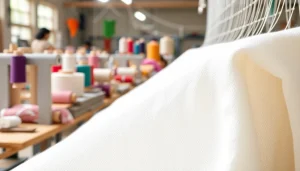 Katoen textielinspectie met kleurrijke draden op de achtergrond in de werkplaats.