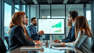Professionals strategizing competitor pricing in a bright conference room with charts.