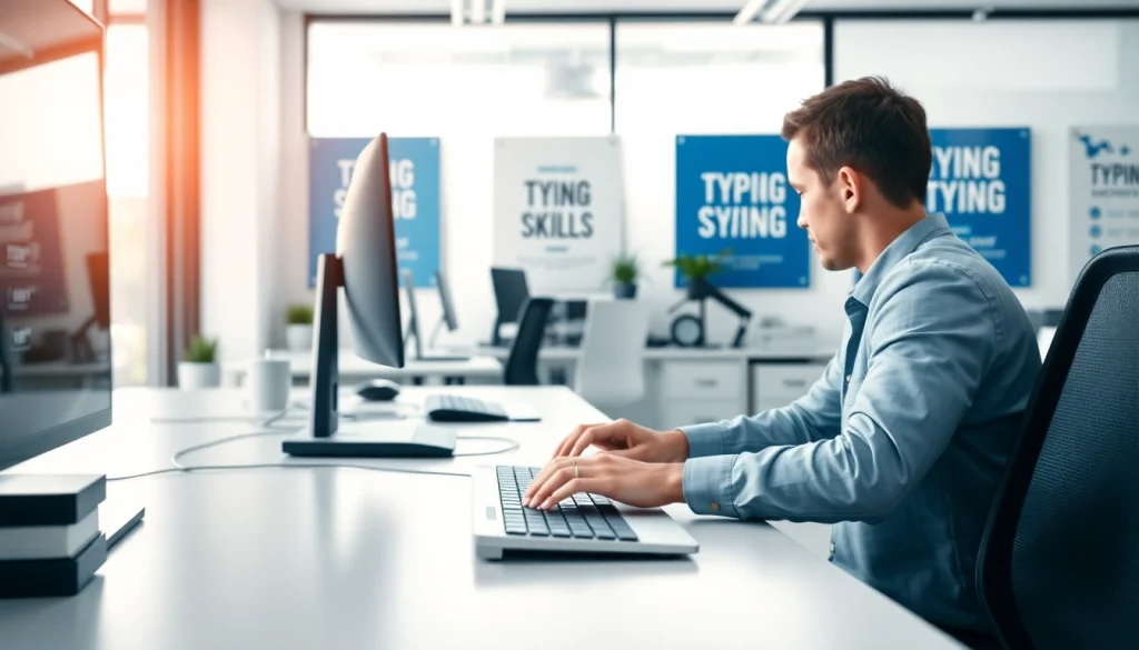 Engaging typing center workspace with a computer setup enhancing typing skills efficiency.