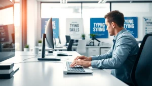 Engaging typing center workspace with a computer setup enhancing typing skills efficiency.