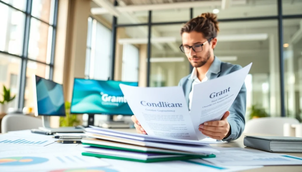 Consultant analyzing documents related to Pre and post award compliance in a modern office.