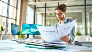 Consultant analyzing documents related to Pre and post award compliance in a modern office.