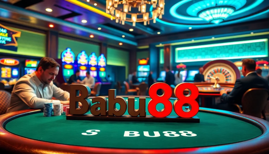 Babu88 poker table scene showcasing thrilling gameplay and vibrant slot machines.