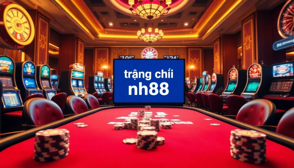 Experience the thrill of gambling at trang chủ nh88 with vibrant casino scenes featuring poker and slots.