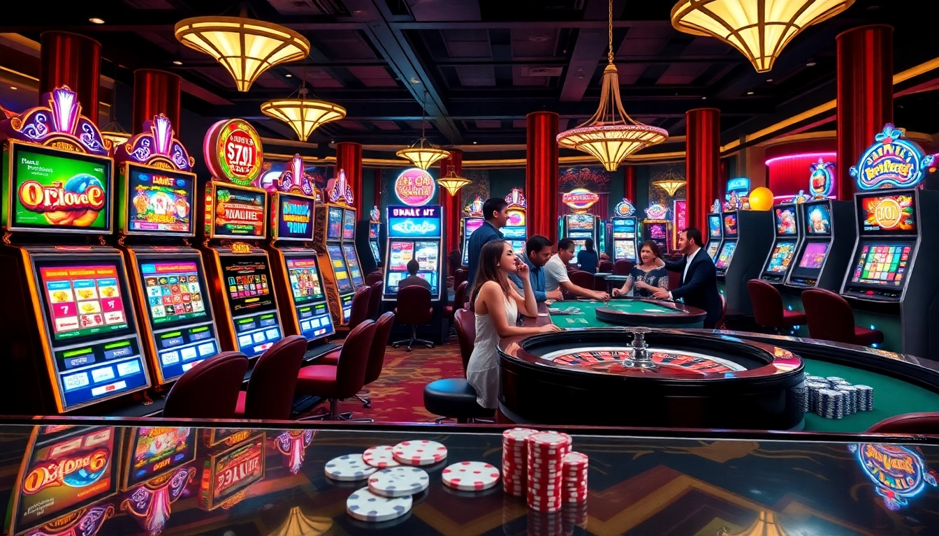 Excited players spinning slot machines at idnslot's vibrant online casino scene.