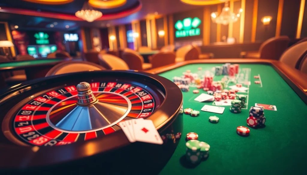 Experience thrilling gameplay at RR88 Casino with vibrant roulette wheels and colorful poker chips.