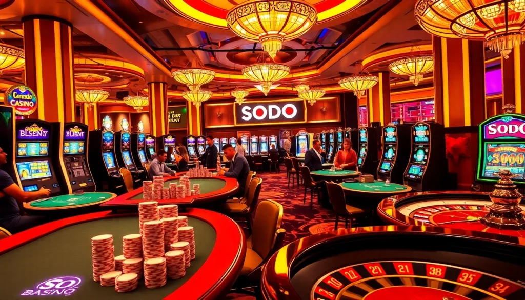 Players enjoying high-stakes games at SODO Casino with vibrant tables and luxurious decor.