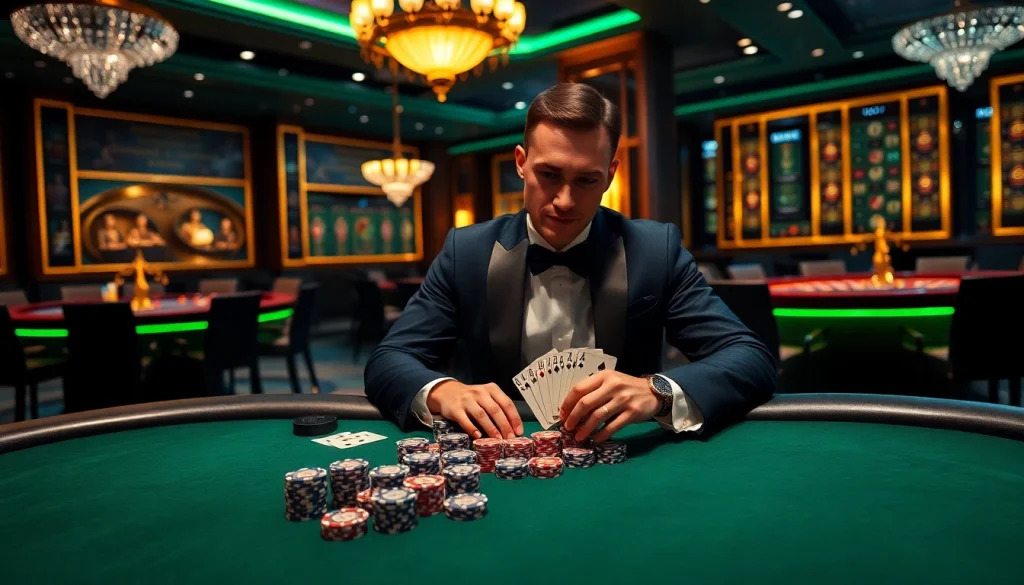 BJ38 blackjack table with elegant gambler revealing a winning hand, showcasing excitement.