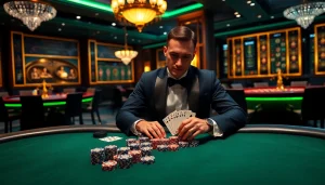 BJ38 blackjack table with elegant gambler revealing a winning hand, showcasing excitement.