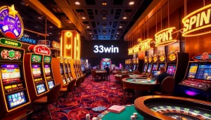 33win players engaging with exciting slot machines and poker tables in a luxurious casino.