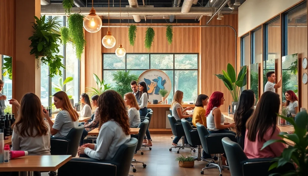 Engaging hair salon scene showcasing perm services in San Diego, with diverse stylists and clients.