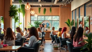 Engaging hair salon scene showcasing perm services in San Diego, with diverse stylists and clients.