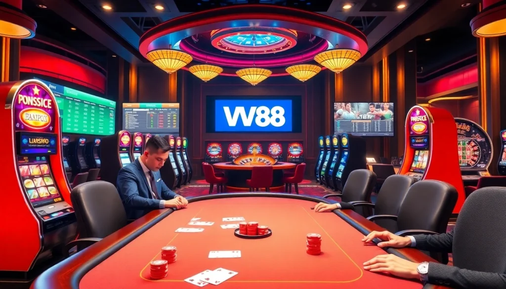 Engaging WW88 casino scene featuring poker, slot machines, and roulette, capturing the thrill of online gambling.