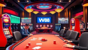 Engaging WW88 casino scene featuring poker, slot machines, and roulette, capturing the thrill of online gambling.