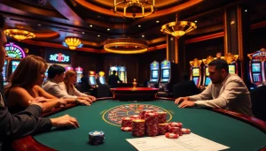 Engaged players at a poker table in a luxurious casino setting, representing 79king com's thrill.