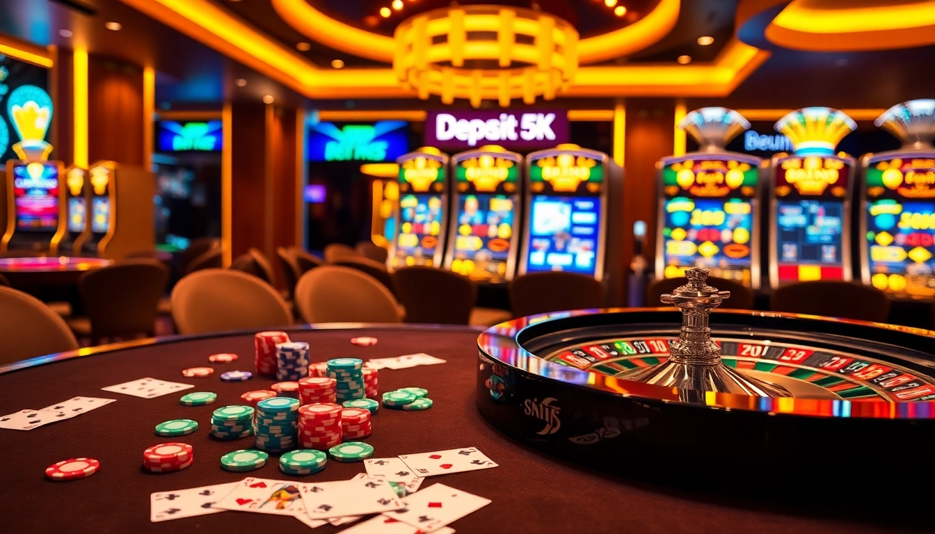 Nikmati kegembiraan taruhan tinggi dengan Depo 5K saat cip berwarna cerah dan kartu menghiasi meja kasino mewah.