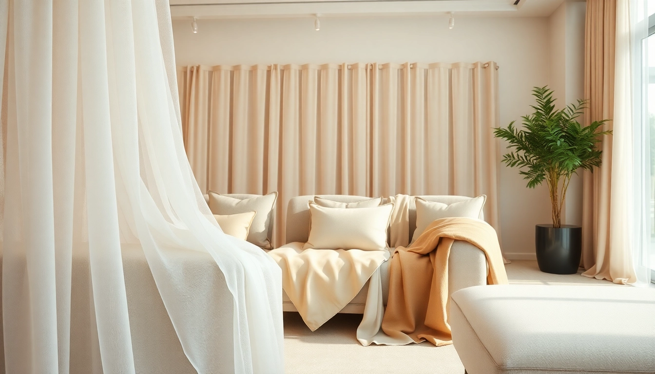 Lichte en transparante stoffen in showroom met diverse texturen en kleuren mooi gepresenteerd.