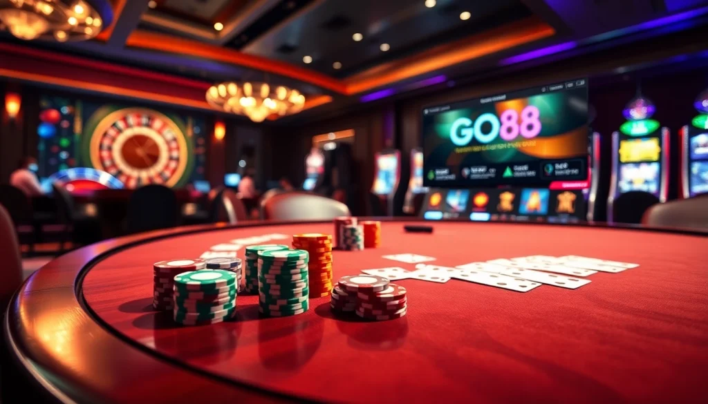 Experience GO88 excitement at a luxurious casino table with poker chips and illuminated slot machines.
