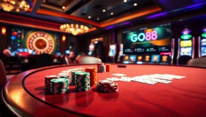 Experience GO88 excitement at a luxurious casino table with poker chips and illuminated slot machines.